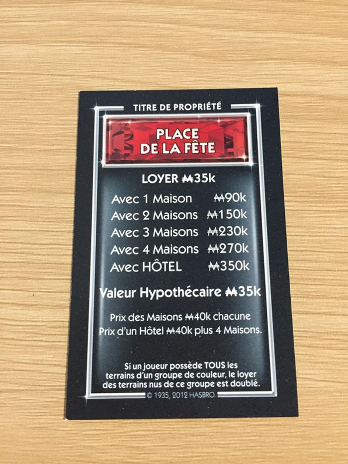Carte titre de propriété Place de la fête pièce détachée jeu de société Monopoly Millionnaire #A45