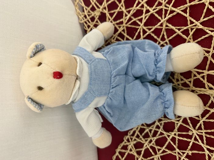 Doudou Peluche Ours Salopette Bleu Nez Rouge Jacadi 22 cm