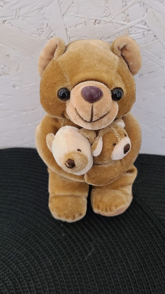 Petite Peluche doudou Maman ou Papa ours et ses 2 bébés GIPSY marron beige 14 cm