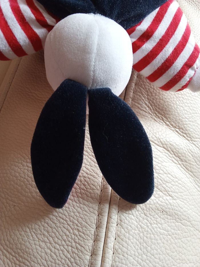 Doudou lapin Jemini vintage ancien peluche blanc blanche bleu marine foncé matelot marin  mer rayures rayé blanc  rouge  nez rouge  comme clown - photo numéro 10