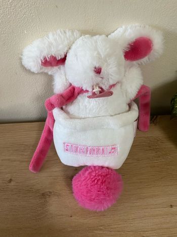Doudou lapin blanc rose 100 % pompon musical doudou et compagnie