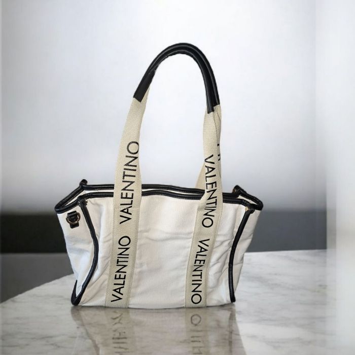 Sac Valentino Garavani - Cabas en toile blanche et cuir noir