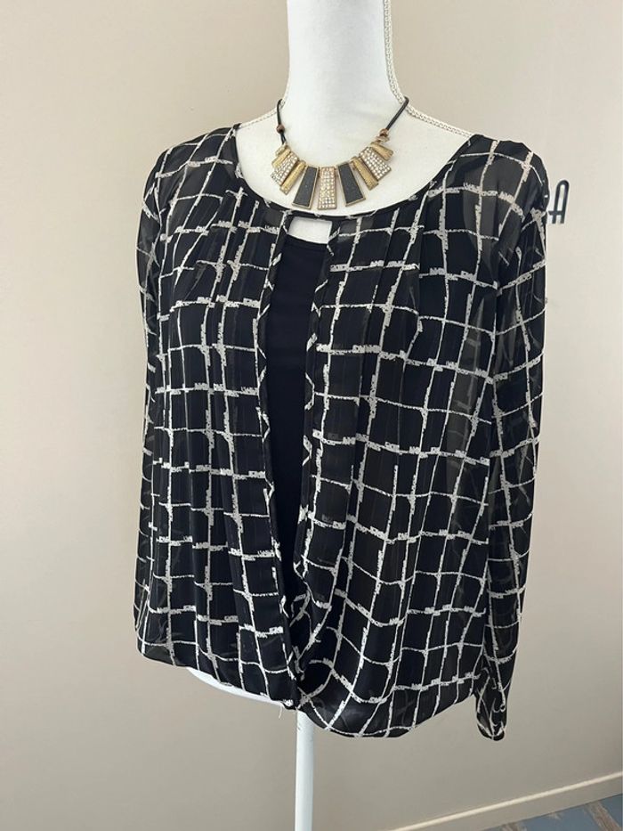 Jolie blouse manches longues en voile noir et or chic avec top bretelles noir 42 comme neuve - photo numéro 2
