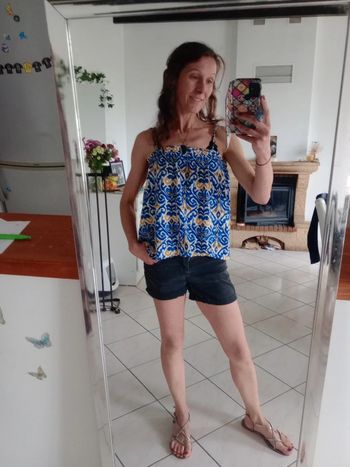 Top femme 38 bleu et moutarde c81