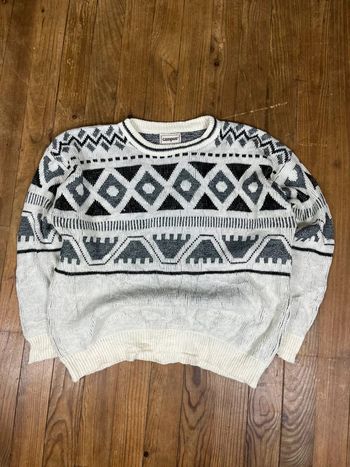 Pull maille vintage motifs rayures blanc noir gris Made in USA L