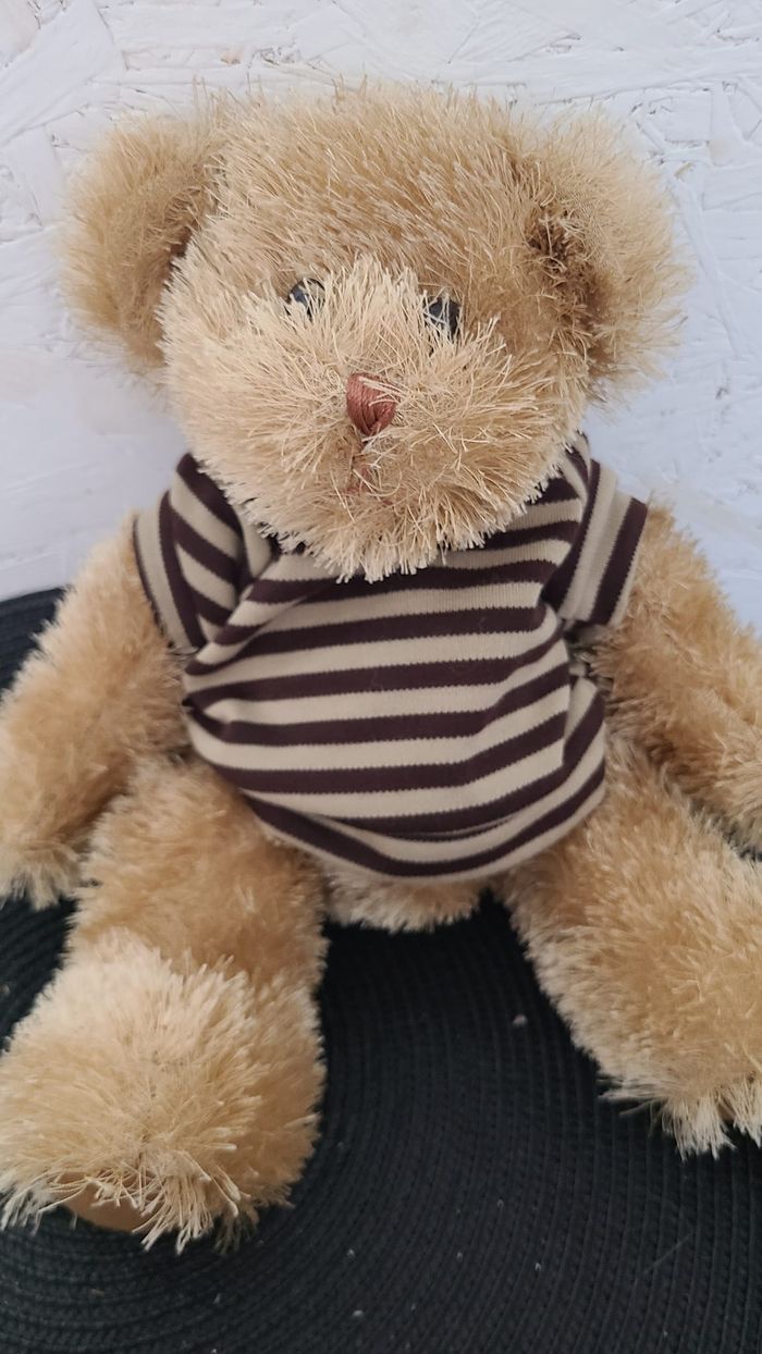 peluche ours beige tee shirt marron ligné - photo numéro 2