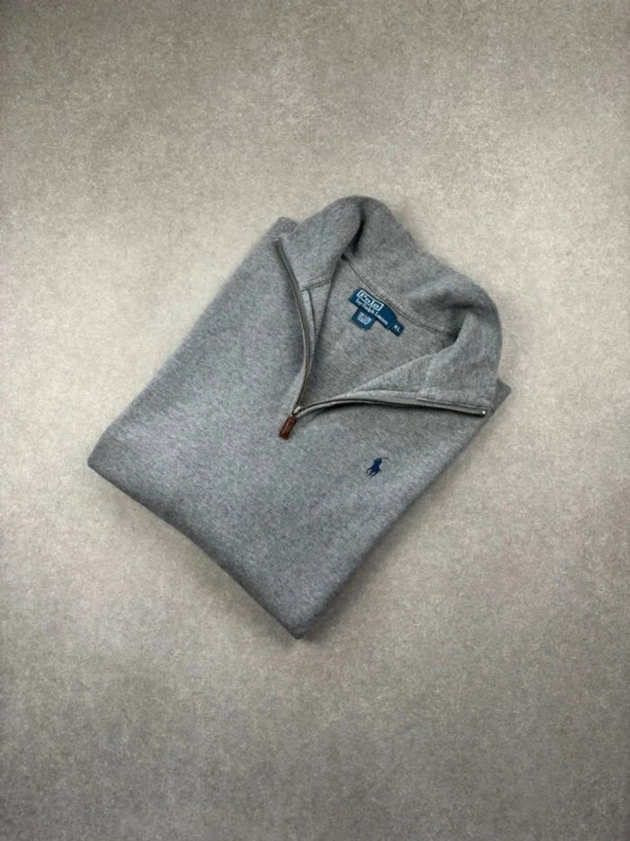 Pull d’hiver half zip 1/4 zip semi zip Ralph Lauren gris logo bleu taille XL homme