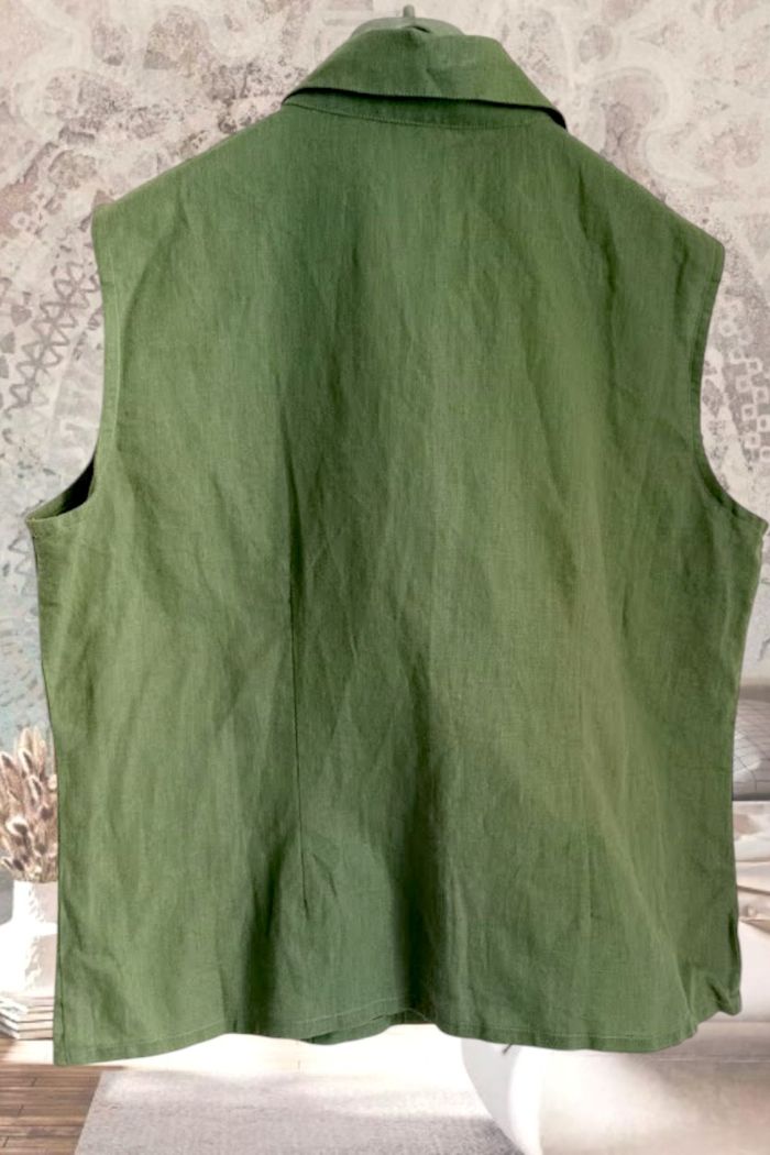 Chemise brodée sans manche en lin et coton kaki -M - photo numéro 3
