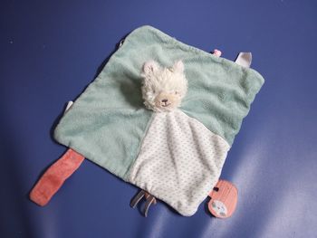 Doudou mouchoir, carré tête chien, ours, blanc, vert eau, attache tétine orange étiquette