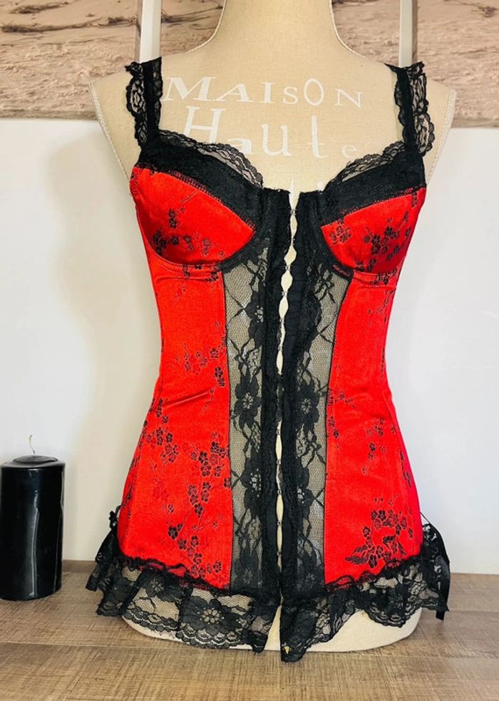 💕 corset bustier rouge avec fleurs et dentelle noire taille 36 s - photo numéro 2