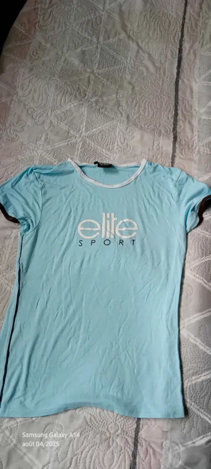 Tee-shirt de sport élite manches courtes bleu et blanc col rond en viscose femme 40/42 élite sport - photo numéro 12