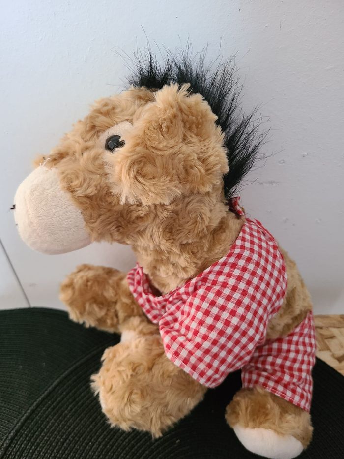 doudou peluche ane marron mi longs blanc tissu vichy rouge - photo numéro 5