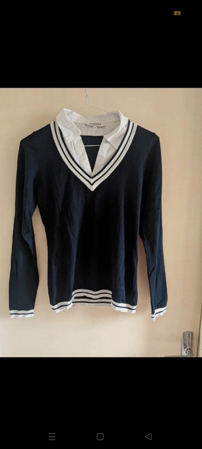 Pull col V "Morgan" bleu marine et col blanc