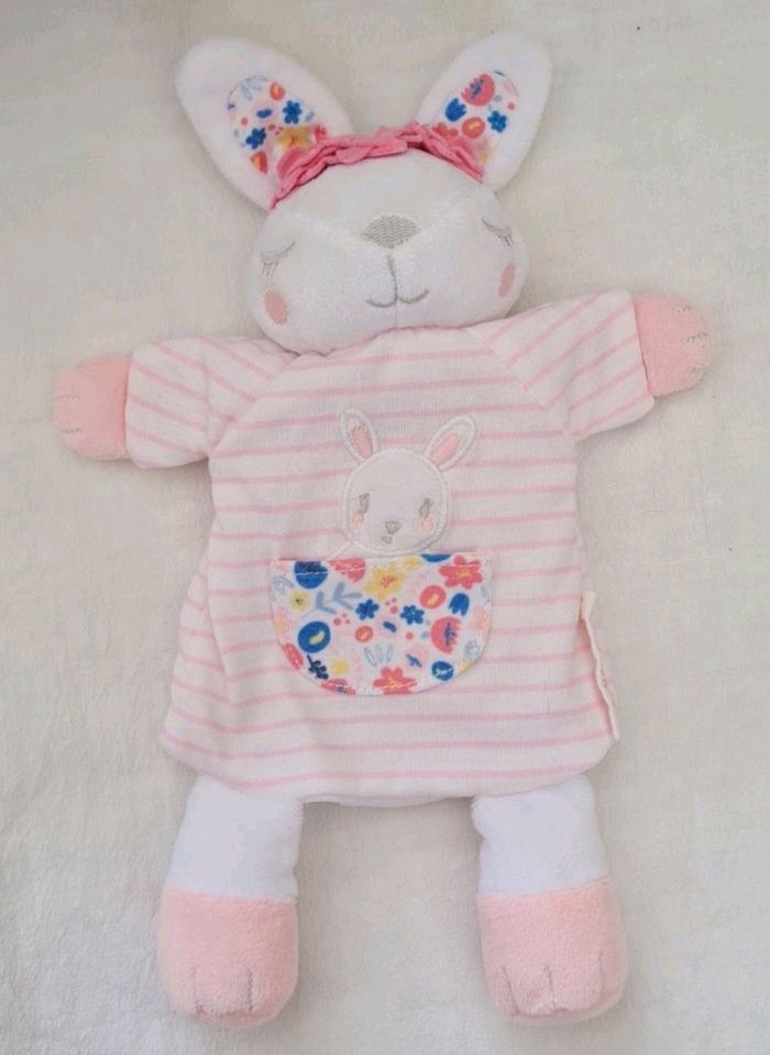 Doudou plat lapin dormeur marionnette rose et blanc rayé- Sergent Major