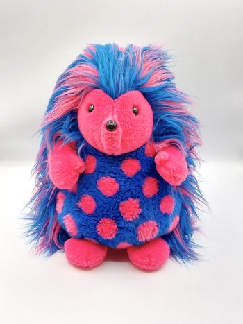 Peluche Vintage ancien doudou hérisson AJENA longs poils bleu rose pois 33 cm