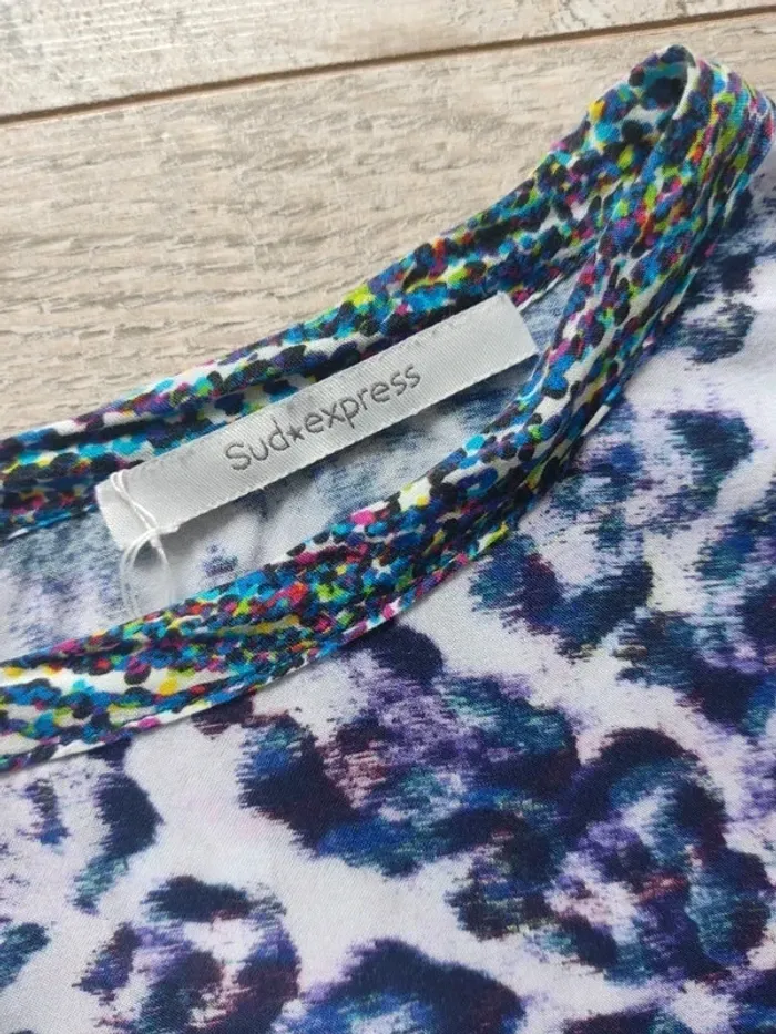Blouse / top manches courtes léopard violet noir bleu blanc taille L Sud Express - photo numéro 7
