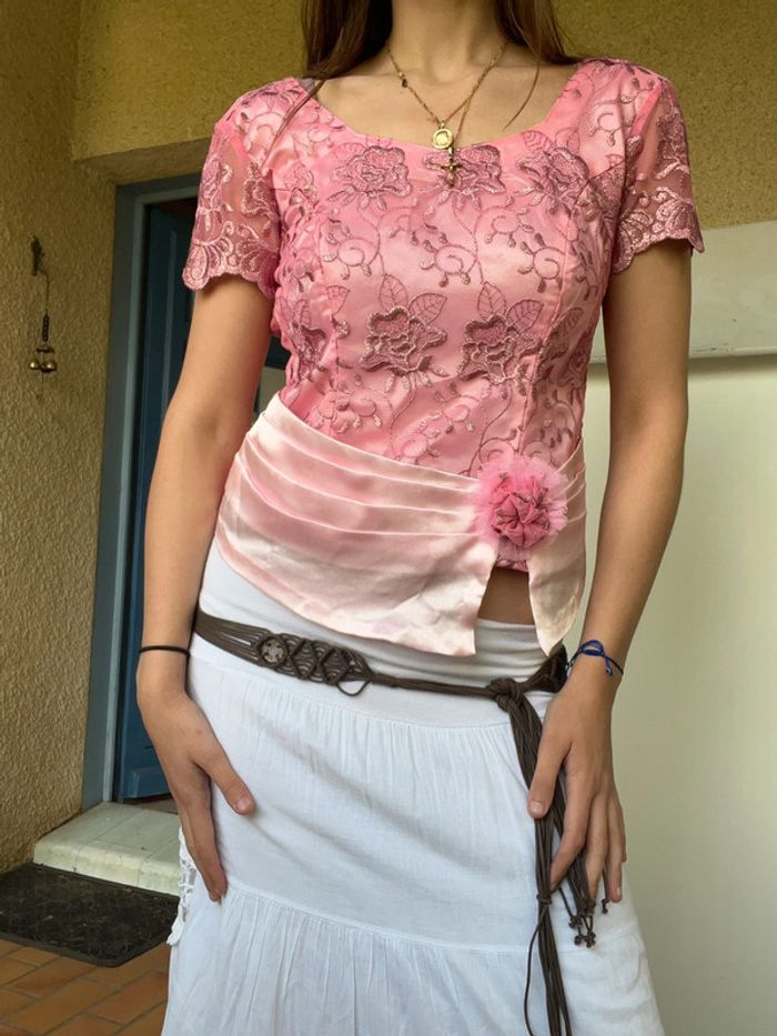 Tee-shirt coquette Lolita brillant 80’s soie Ibiza bohème champêtre vintage - photo numéro 2