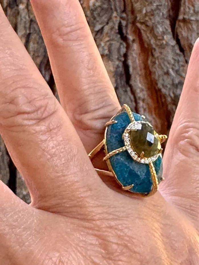 Grosse bague habaha Paris tourmaline et apatite véritable zircons acier inoxydable or - photo numéro 3