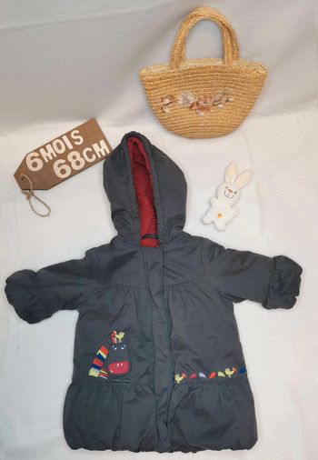 Manteau 👣 parka, dpam,  gris  et  framboise, effet bouffant,  6mois/67cm