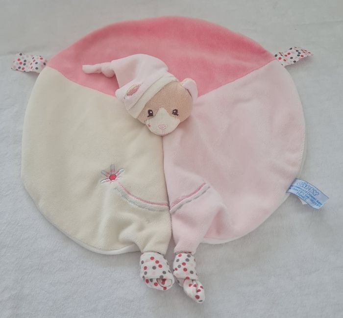 Doudou rond plat ours rose et blanc - Fleur - Gipsy
