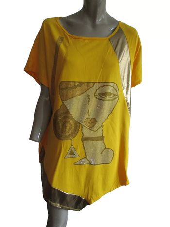top t-shirt tunique couleur jaune vif imprimés devant en strass brillants