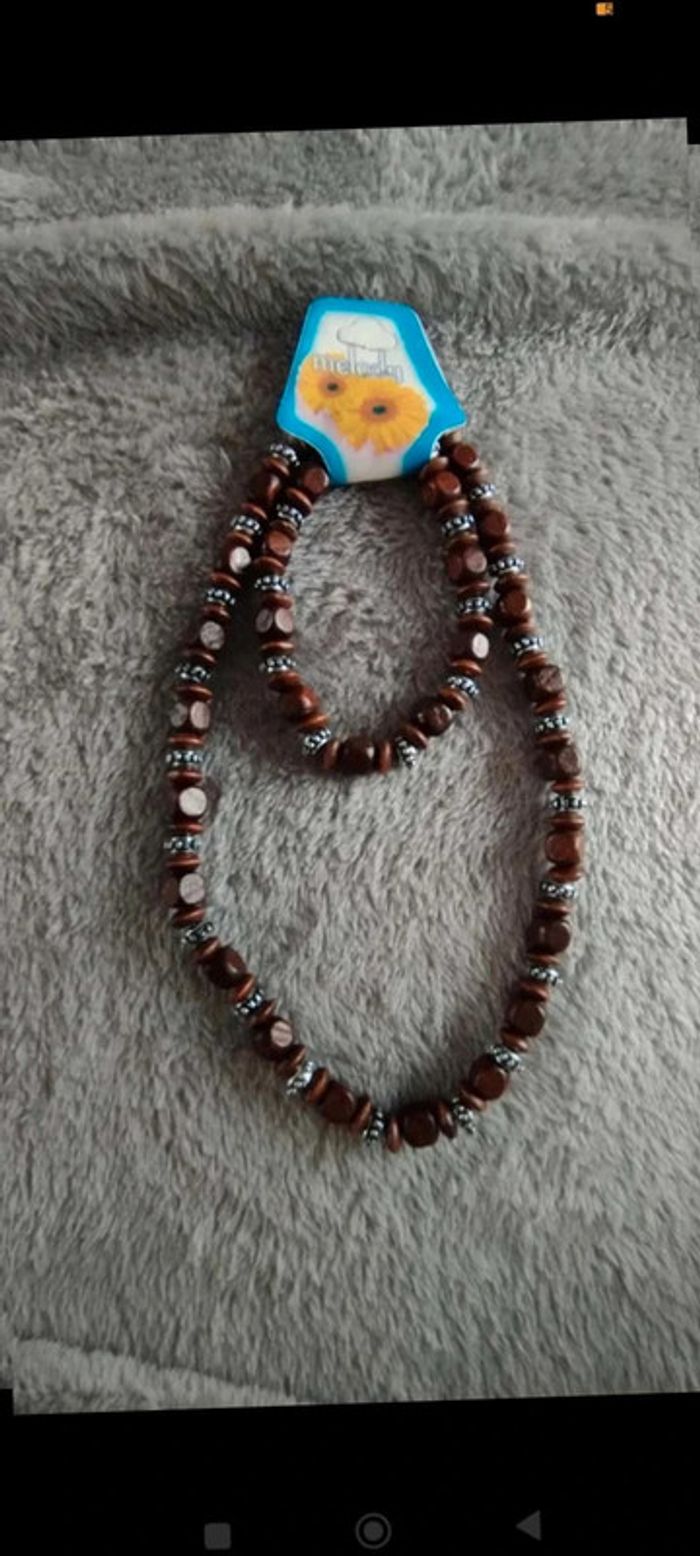 Ensemble collier bracelet marron élastique