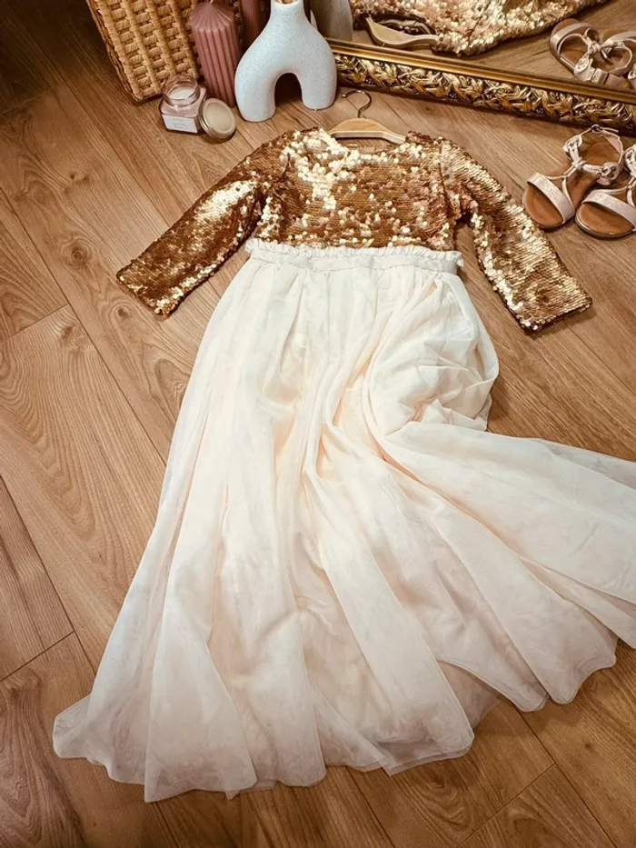Taille 8 ans Robe longue créateur fille TAO crème bronze * sequins tulle * 💞 - photo numéro 5