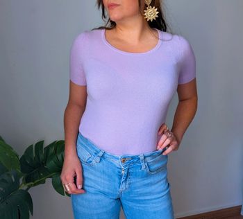 Tee-shirt violet lilas été minimaliste uni casual 100% laine doux col rond intemporel Taille 38
