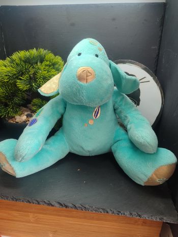 Doudou knuffel chien bleu turquoise or doré DOUGLAS 2011 Montgolfière Dog Blue