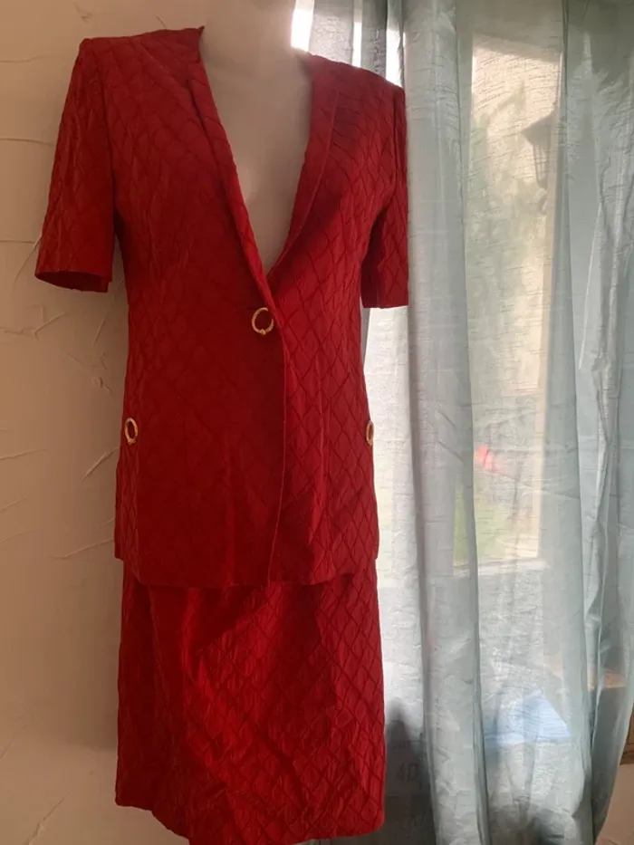 Tailleur Weinberg vintage blazer manches courtes+jupe droite mi longue taille 38 made in France