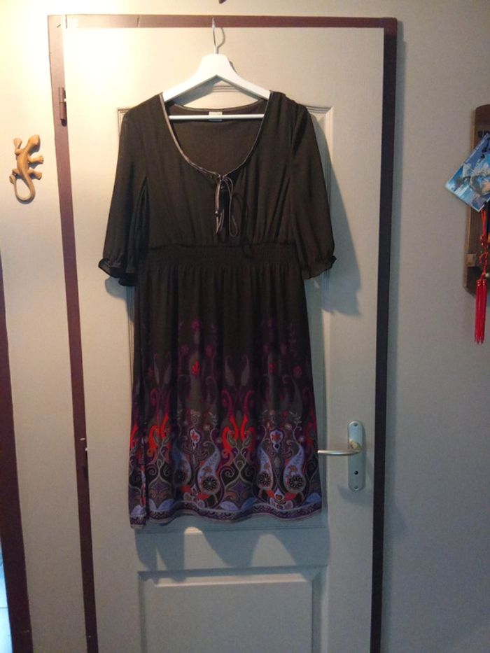 Robe voilage doublée marron motifs bariolés Esprit taille 42