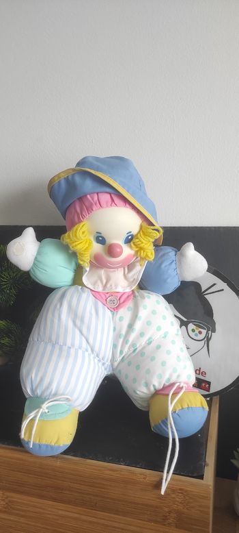 Ancienne peluche clown bleu vert jaune rose blanc pois rayures Jaune Vintage