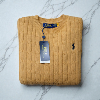 Pull torsadé à col rond Ralph Lauren - Taille S - Marron logo brodé noir - Neuf