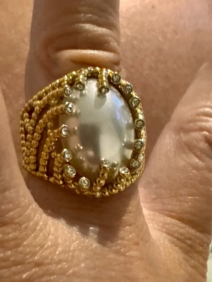 Bague réglable acier inoxydable or travaille pierre nacrée cristaux blancs habaha Paris - photo numéro 3