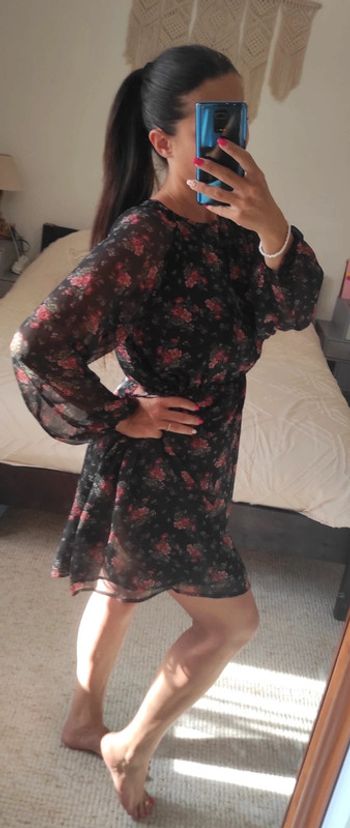 Robe Mango noir fleuri S en voile légère fluide