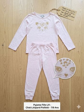 ​🌟 Pyjama Fille LH - Chat-Léopard Doré Pailleté - Taille 7/8 Ans