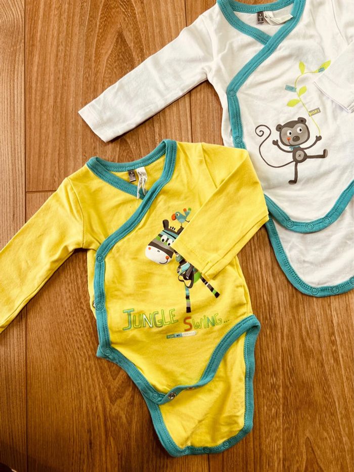 Taille 1 mois lot de 3 bodies manches longues garçon orchestra turquoise et vert anis * girafe * 💙 - photo numéro 2