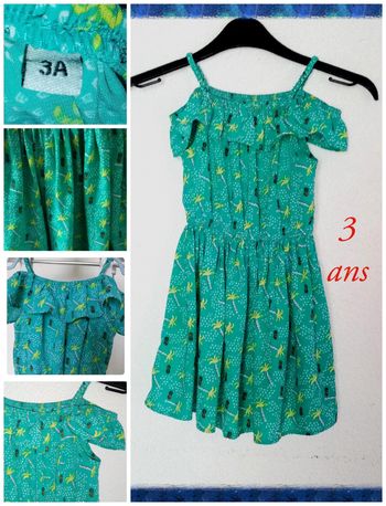 3 ans  🌴 vintage Dres robe cintrer bretelle dénudé a volant turquoise print été /Excellent état