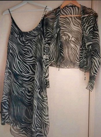 Ensemble neuf  robe assymétrique et gilet noir et blanc  zébré Dona Carlota taille L 38 à 42