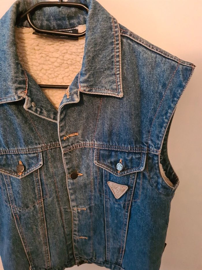 Veste jeans vintage sans manche rembourrées en laine - photo numéro 3