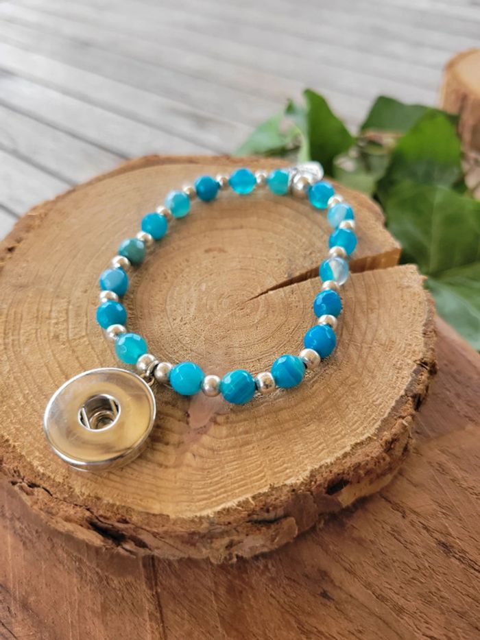Bracelet pour bouton pression 18mm perles agates bleus - photo numéro 3