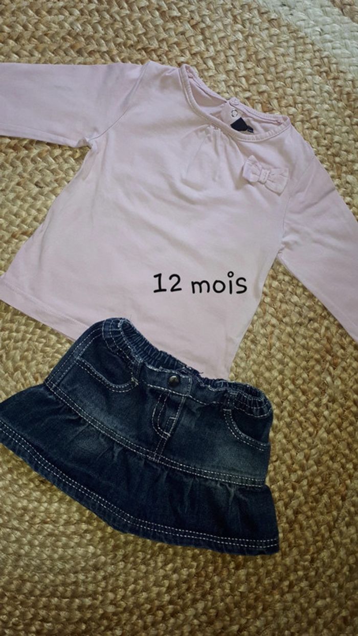 Ensemble fille jupe en jean et tee shirt manches longues - 12 mois