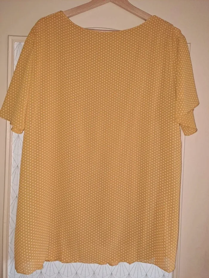 Blouse doublée femme jaune pois blanc tbe porté 1 fois étiquette coupée 50/52 - photo numéro 5