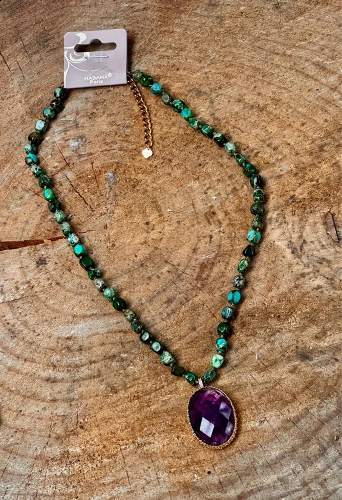 Gros collier réglable pierres malachites pendentif améthyste acier inoxydable or habaha Paris - photo numéro 6