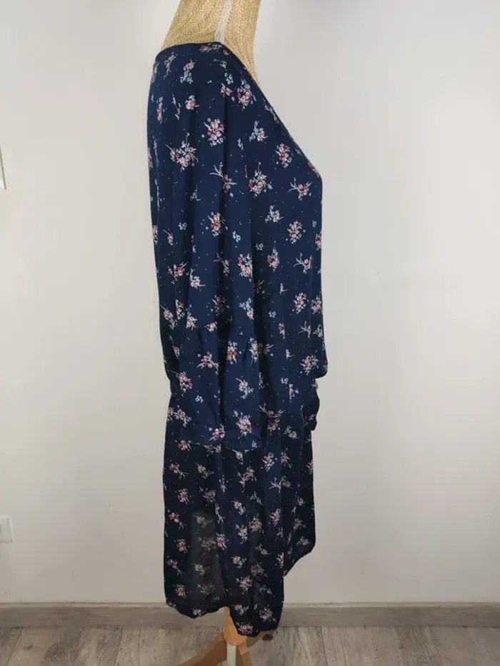 Robe droite mi-longue manches 3/4 évasées bleu nuit ceinture à nouer motif fleuri taille 48 Tissaia - photo numéro 3