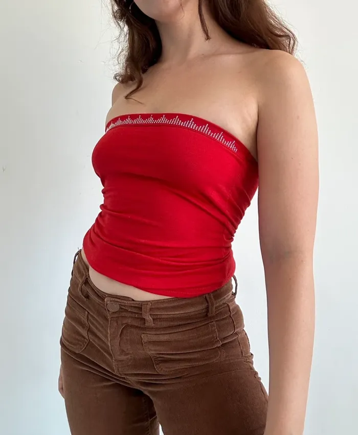 Haut tube rouge Y2K années 2000 à strass taille S
