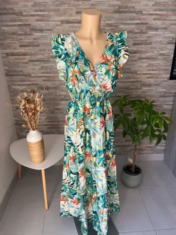 Robe longue crème et turquoise
