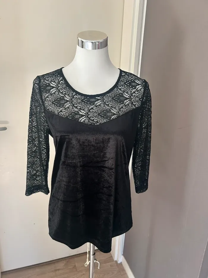 Lolaliza top haut blouse, velours et dentelle femme, taille 40 manches 3/4