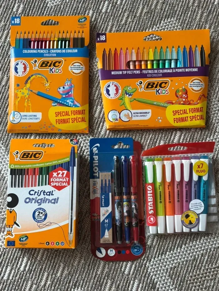 Lot stylos feutres crayons Bic, stabilo et frixon effaçables