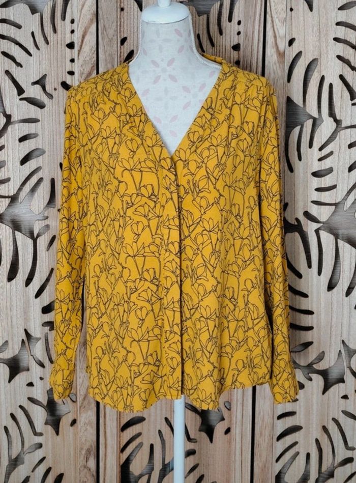 Chemisier fluide jaune moutarde - Motif floral noir - Taille 40/42 Camaïeu